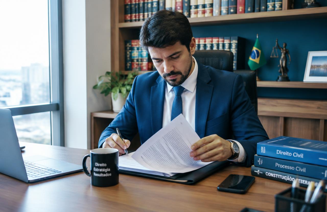 Advogado analisando contratos em escritório de advocacia