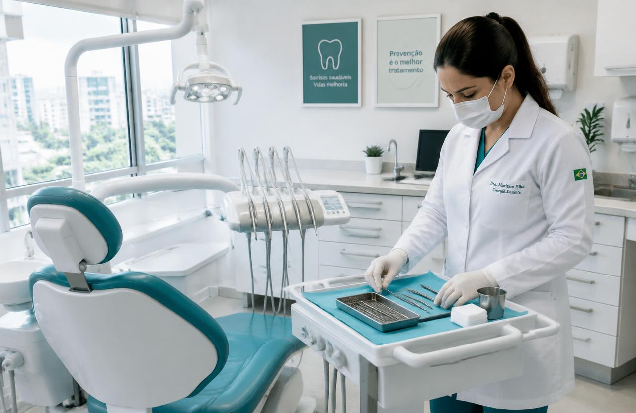 Dentista organizando instrumentos em clínica odontológica