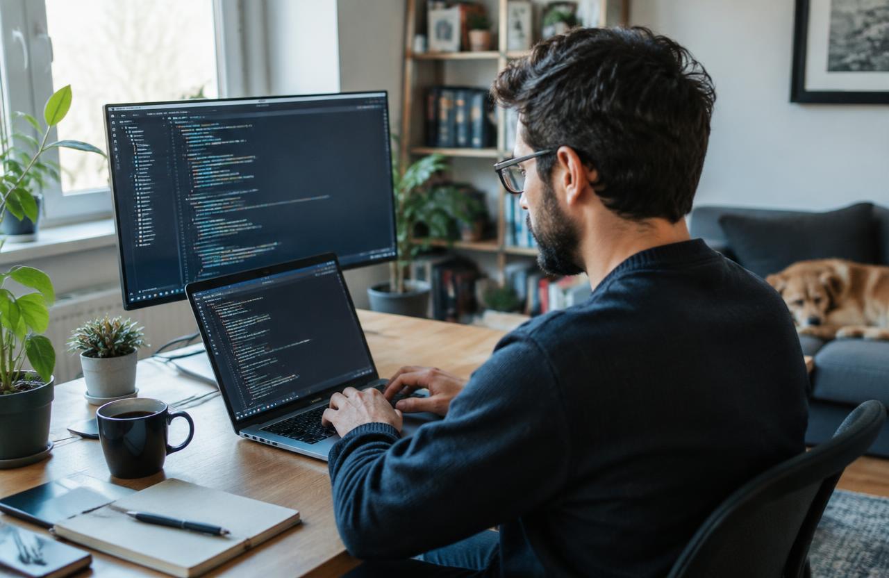 Programador trabalhando remotamente com notebook e monitor com código